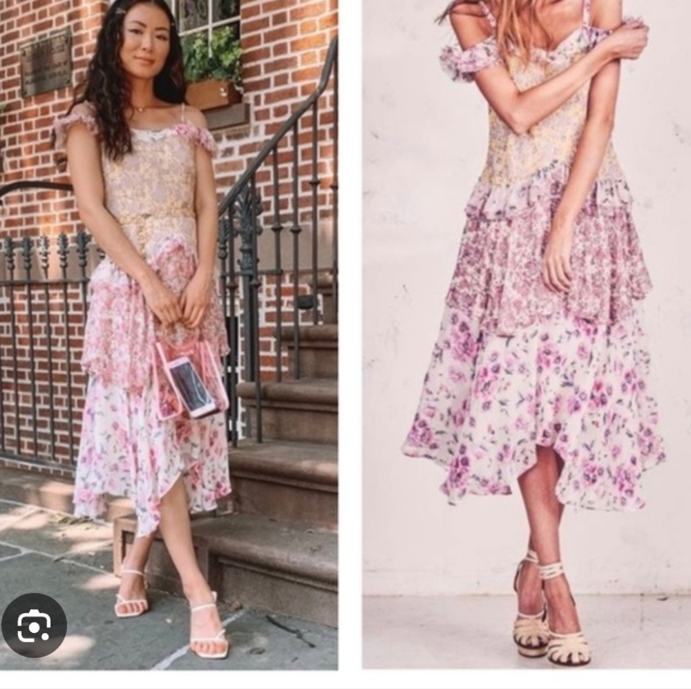 LoveShackFancy Pink and Cream High Low Dress